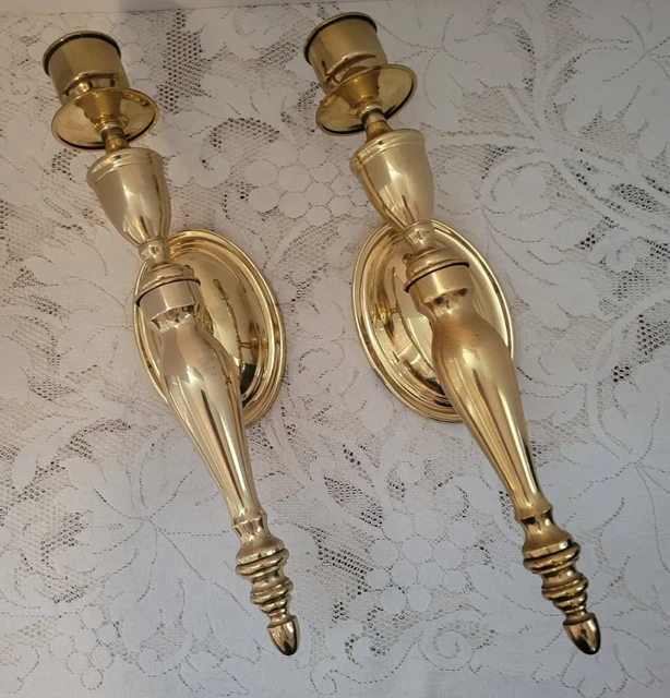 Pair of Vintage 15" Heavy Brass Wall Single Candle Sconces