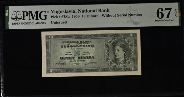 Yugoslavia 10 Dinara 1950 P 67Sa Superb Gem UNC PMG 67 EPQ Top Pop