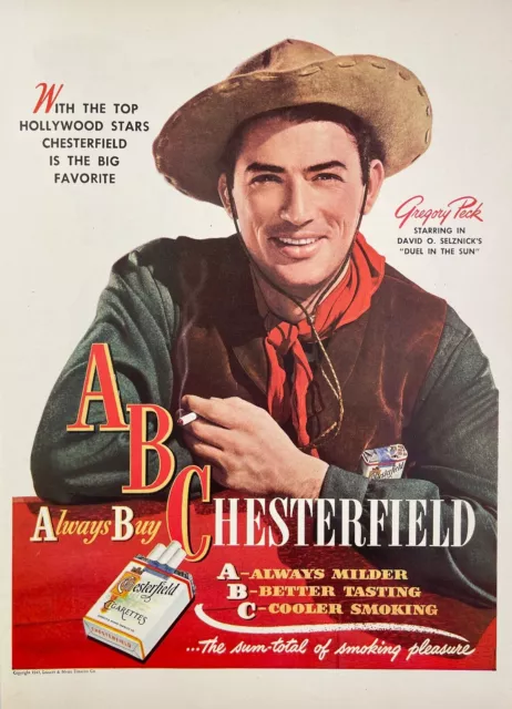 1947 Chesterfield Cigarettes Gregory Peck Western Cowboy Film Vintage Print Ad