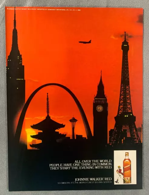 1989 Johnnie Walker Red -print ad - sunset world landmarks Big Ben, Eiffel Tower