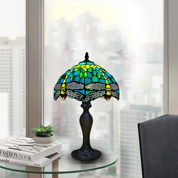 Lampada da tavolo stile libellula verde Tiffany paralume vetro colorato lampadina multicolore E27