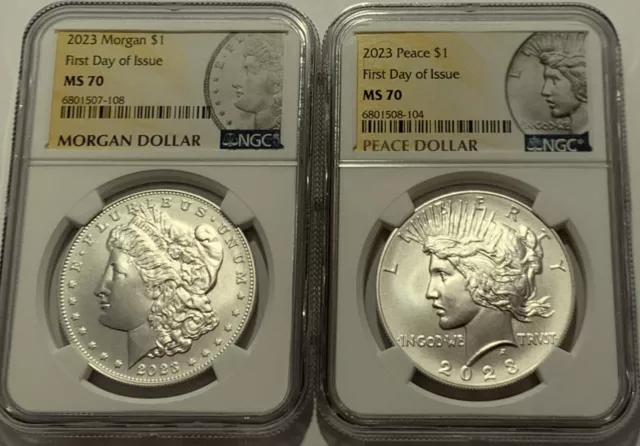 2023 Silver Peace & Morgan Dollar 2 Coin Set Ngc Ms70 First Day Of Issue Fdoi