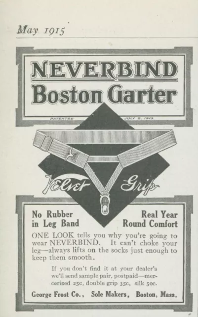 1915 Neverbind Boston Garter Velvet Grip No Rubber Frost Vintage Print Ad CO1