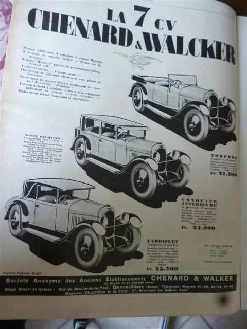 CHENARD & WALCKER voiture 7 CV 95 publicité papier ILLUSTRATION 1927 col