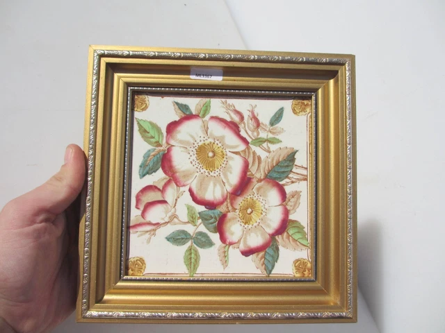 Vintage Ceramic Tile Art Nouveau Floral Flowers Roses Leaf Gilt Frame 8