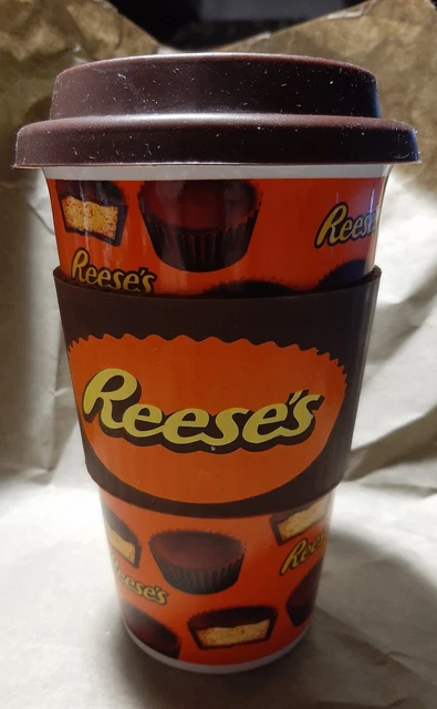 Reese's Peanut Butter Cup Travel Coffee Mug Silicone Grip Ceramic 16 oz Tumbler