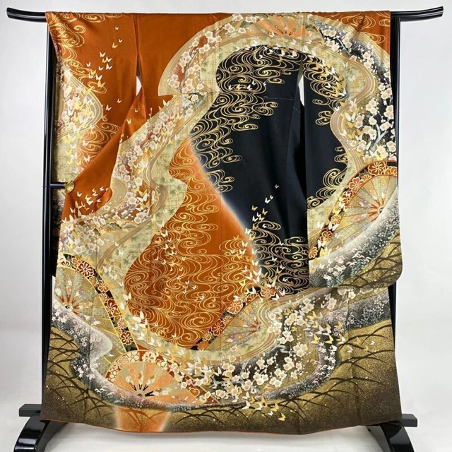 Woman Japanese Kimono Furisode Silk Katawaguruma Butterfly Gold Foil Vermilion