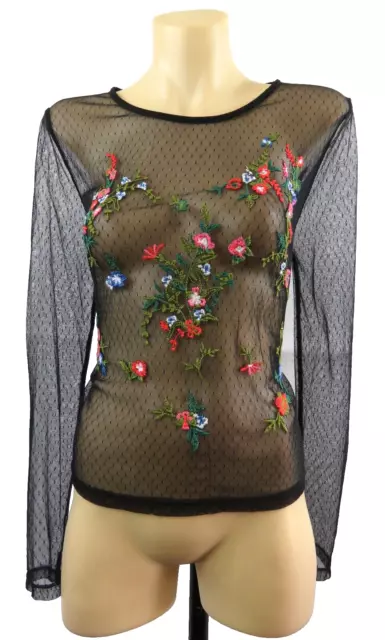 Dotti Womens Sheer Black Mesh Top Stretch Long Sleeve See Through | Size 12