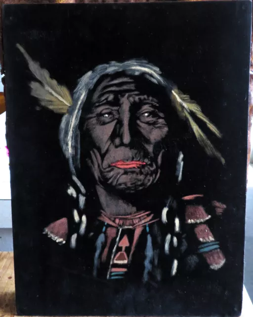 HAUNTING Vintage Native Chief Oil Painting Black Velvet Southwestern Art c1972