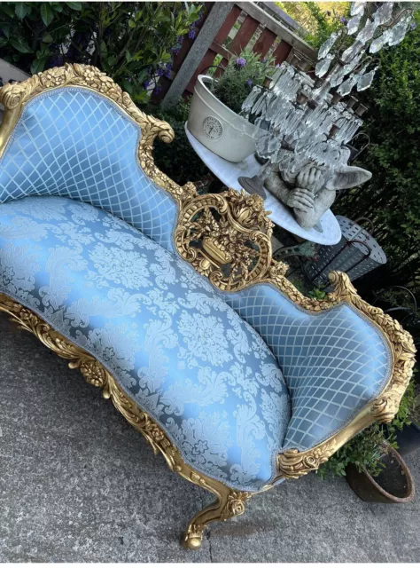 ❤️ Antique Small blue gold leaf Fabric French 2 seat salon Sofa / chaise /chair
