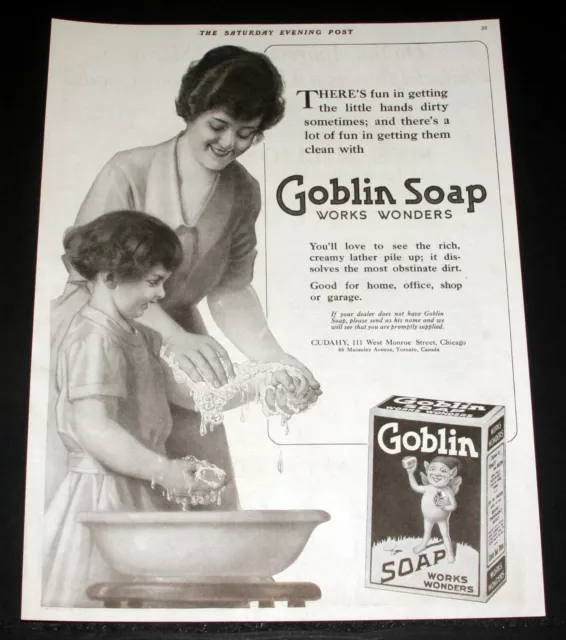 1919 Old Magazine Print Ad, Goblin Soap Works Wonders, See Rich Creamy Lather!