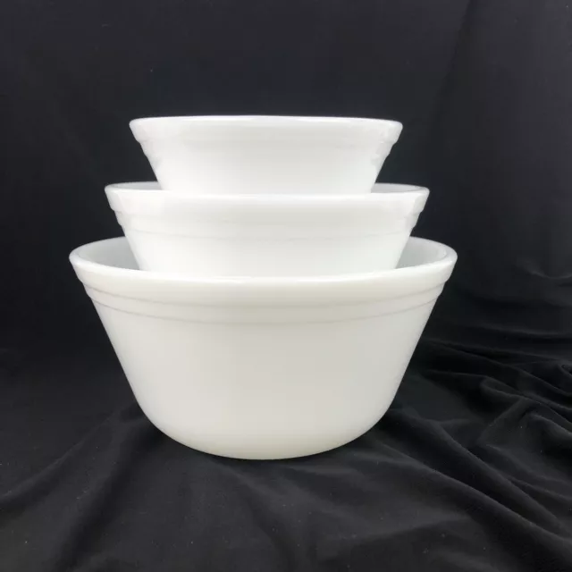 Vtg 3 Piece Federal White Milk Glass Double Band Ovenware Nesting Bowls F Shield