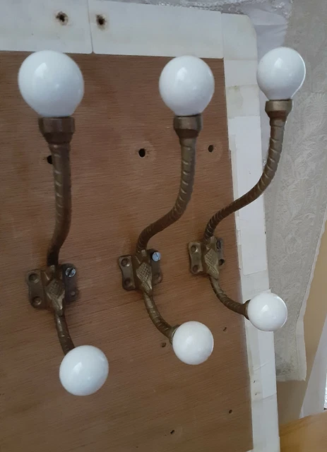 Set of 3  Antique looks brass (Victorian)  Wall Hook White carmic ball 6.5"