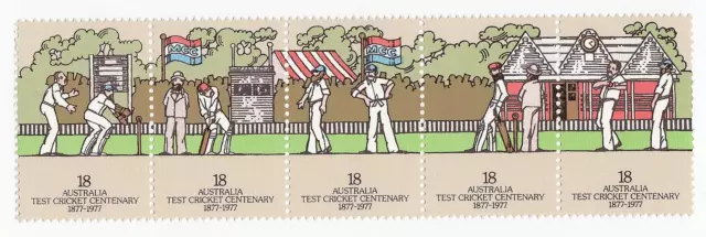 1977 AUSTRALIA SE-TENANT STRIP OF 5 x 18c MNH STAMPS - 'CENTENARY TEST CRICKET'