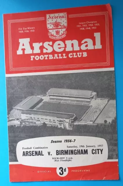 ARSENAL RESERVES v BIRMINGHAM CITY RESERVES 1956-57  4 PAGE OFFICIAL PROGRAMME