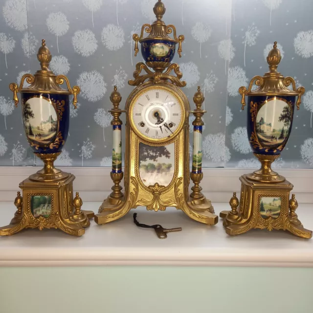 Franz Hermle Imperial Mantle Clock Italian Working w/ Key & Matching Garnitures