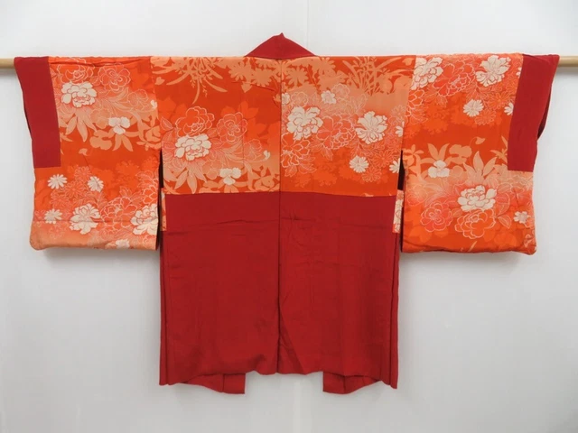 3126T06z390 Vintage Japanese Kimono Silk HAORI Plain Orange-Red