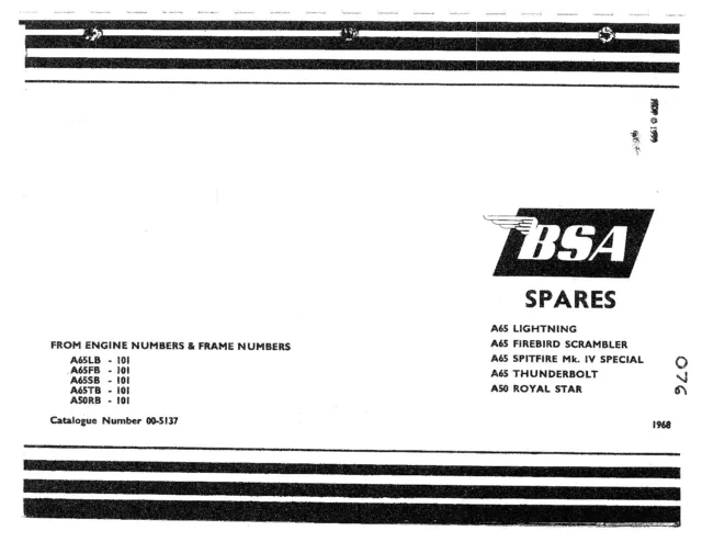 BSA Parts Manual Book 1968 A50 Royal Star & 1968 A65 Lightning