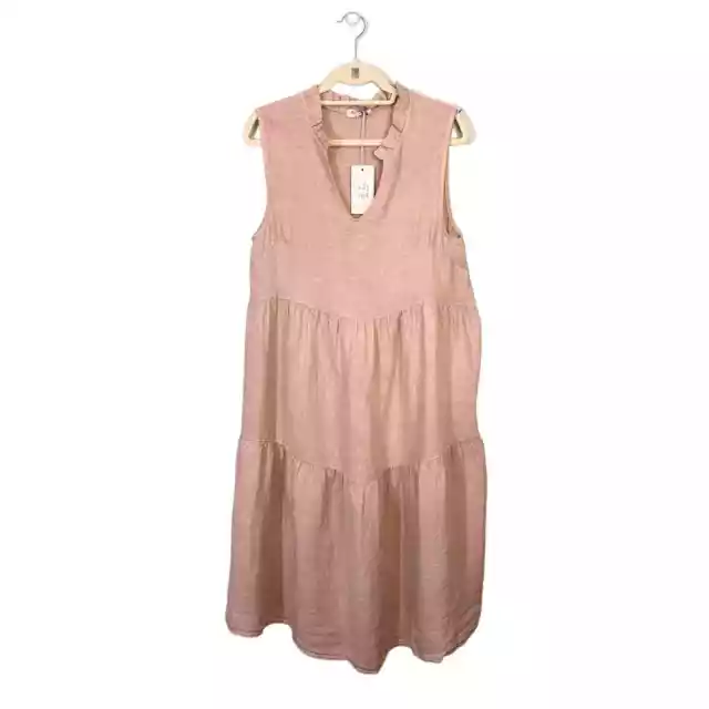 Le Ragazze Neutral Brown Linen Sleeveless V Neck Ruffle Tiered Dress Medium NWT