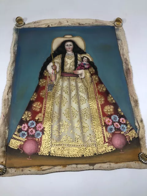 Cusco School Peru Original Oil Painting Virgin Mary & Baby Jesus Gold Leaf 17x14