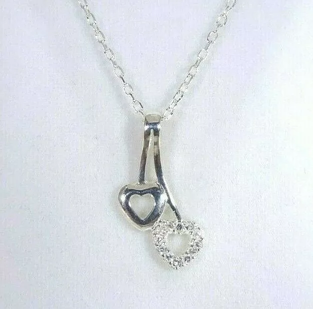 White Cubic Zirconia Solid Sterling Silver Double Heart Italian Necklace -46 cm