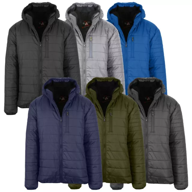 Mens Sherpa-Lined Hooded Puffer Jacket Waterproof Warm Winter Zip Pockets NEW