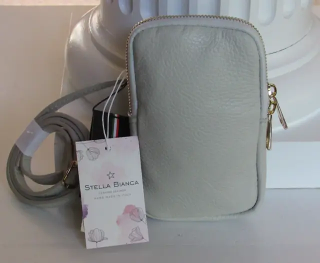 STELLA BIANCA ITALY Light Gray Genuine Leather Small Crossbody Phone Bag NWT