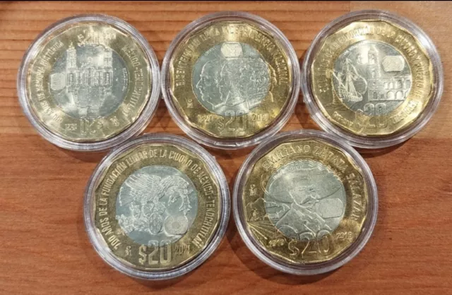 1 2 3 4 5 Set Bank México Capsule Twenty Viente 20 Pesos Moneda Coins 2021 Gold