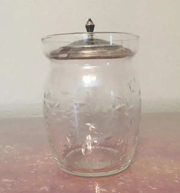Vintage Sterling Silver Etched Glass Sugar Jar Condiment Mustard Pot Jelly Jar