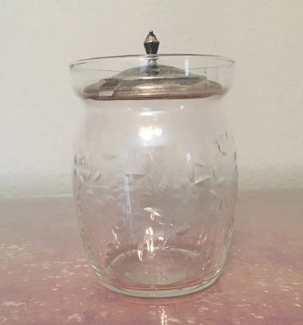 Vintage Sterling Silver Etched Glass Sugar Jar Condiment Mustard Pot Jelly Jar