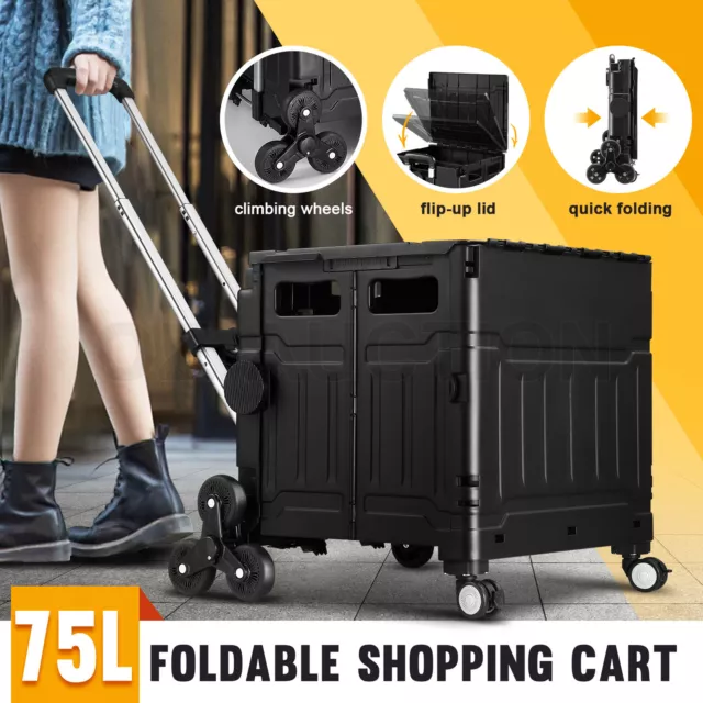 75L Shopping Trolley Cart Foldable Market Grocery Storage Crate Rolling Basket