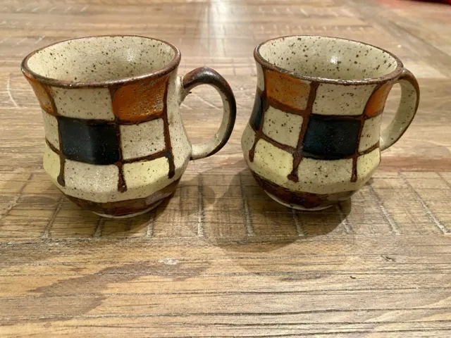 Vintage MCM Checkered MUGS color Block Cup Coffee Pottery Ceramic Lot Of 2
