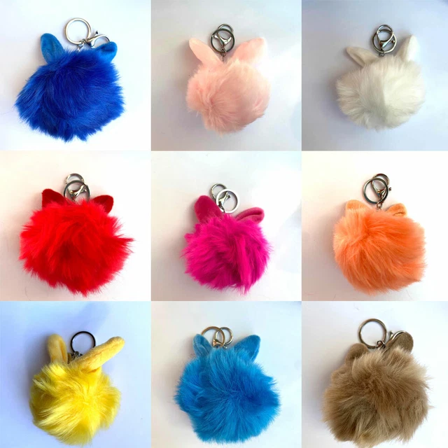 UK Faux Rabbit Fur Pom Pom Keyring Bag Charm Soft Fluffy Pendant Pearl keychain