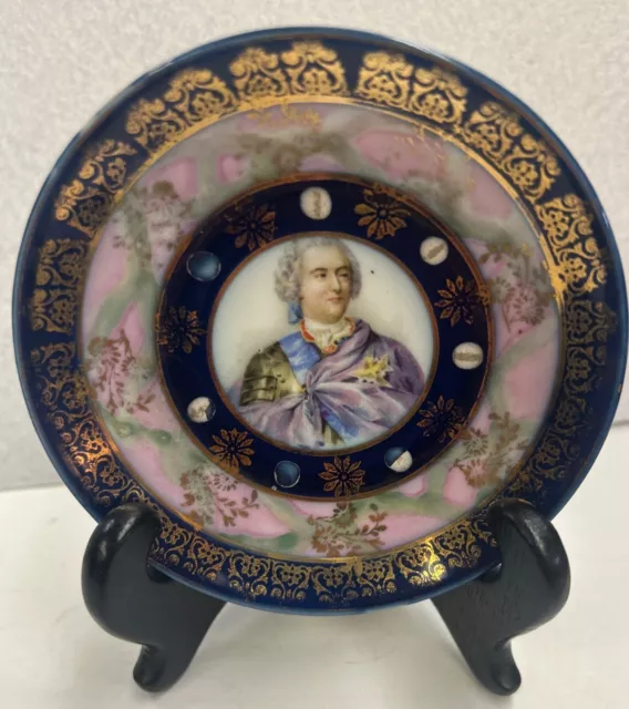 Royal Vienna Hand Painted Small Portrait Plate Gold / Cobalt Blue 3 3/4”. DBM