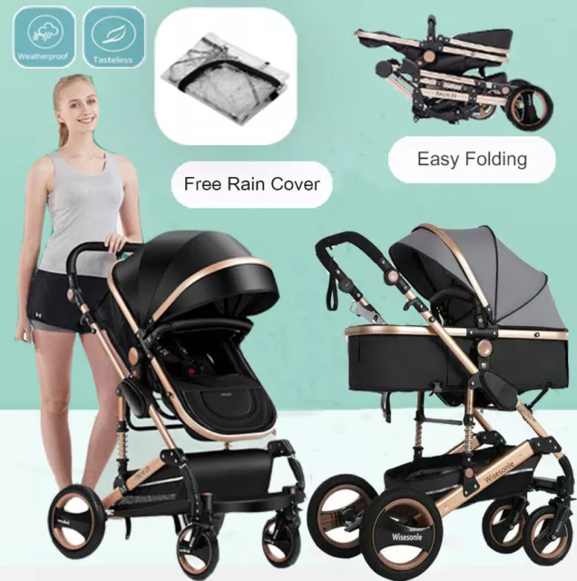 Black Folding Newborn Pram Baby Stroller High View Carriage Buggy Travel System