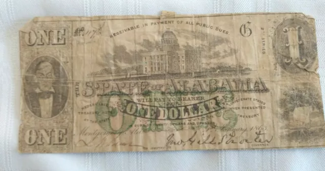 Antique State of Alabama $1 Dollar bill - Jan 1, 1863 - 2nd Series - No. 1176