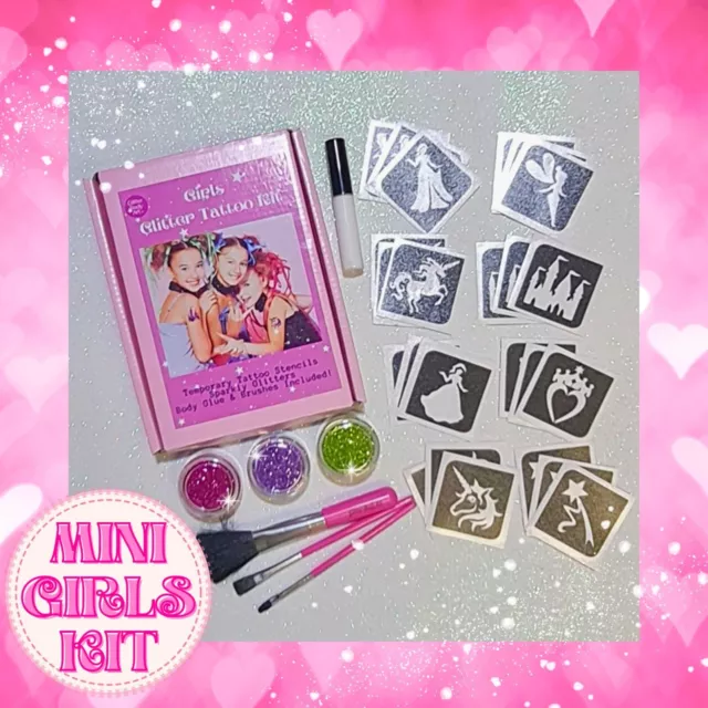 Kit de tatuaje de brillo mini princesa para niñas - 24 plantillas Midi, conjunto de tatuajes temporales