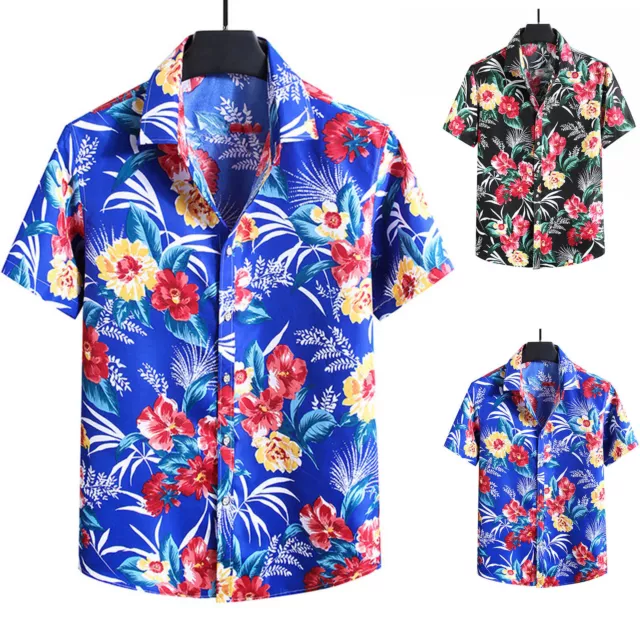 Mens Summer Hawaii  Large Size Lapel Printed Turndown Collar Casual Loose Short