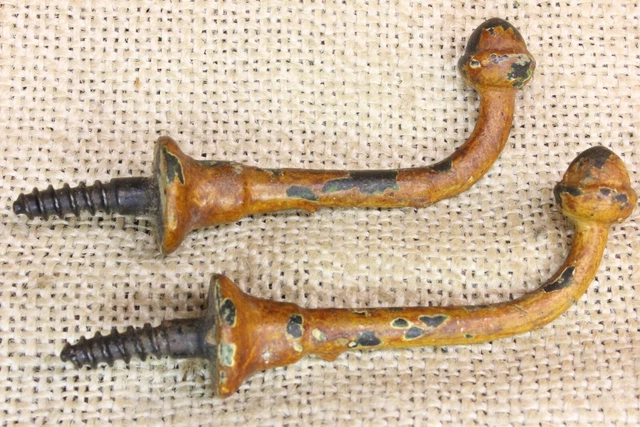 2 Old Single Coat Hooks Farm School House Acorn End Grain Paint Vintage 1850’s