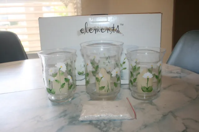 Elements Set of Three Handpainted Daisy Hurricane Candle Holders