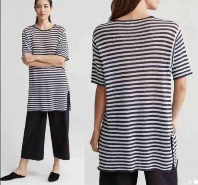 Eileen Fisher Striped Organic Linen Loose Knit Tunic Top Woman Size M $220