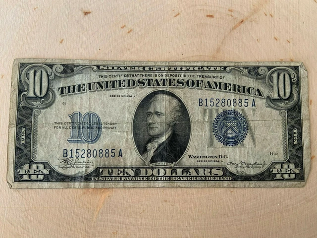 1934-A $10 Ten Dollars Blue Seal Silver Certificate Currency Note -G163 7