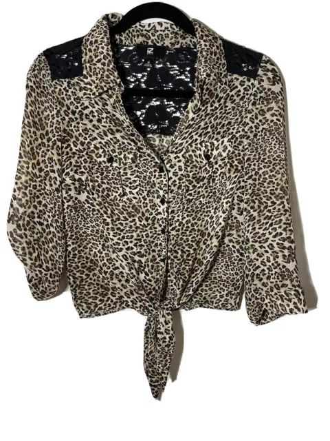 Animal Print Button Up Blouse, 3/4 Rollup Sleeve Lace Back Women's Size Medium