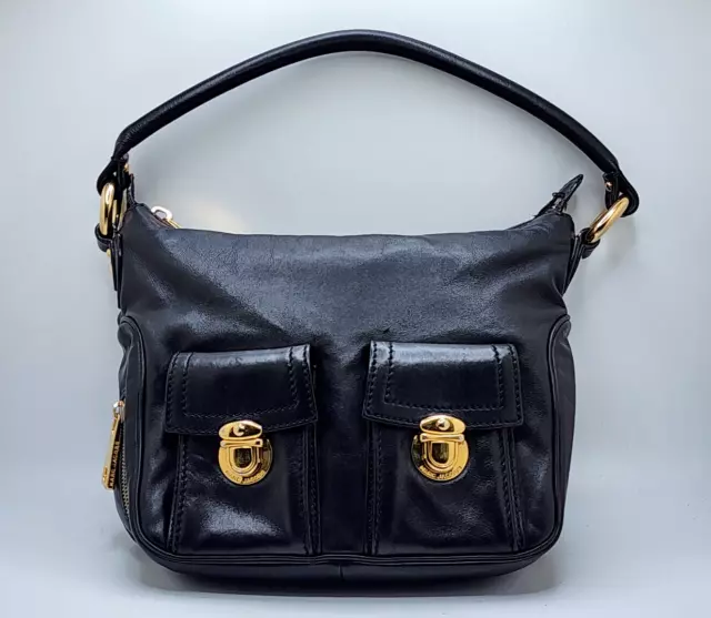 Marc Jacobs Black Leather Front Pocket Purse Handbag Gold Hardware