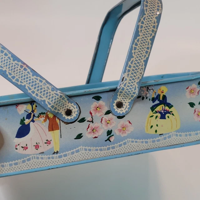 Vtg Tin Litho Toy Basket 2 Handled Southern Belles Flowers & "Lace" 1950s USA