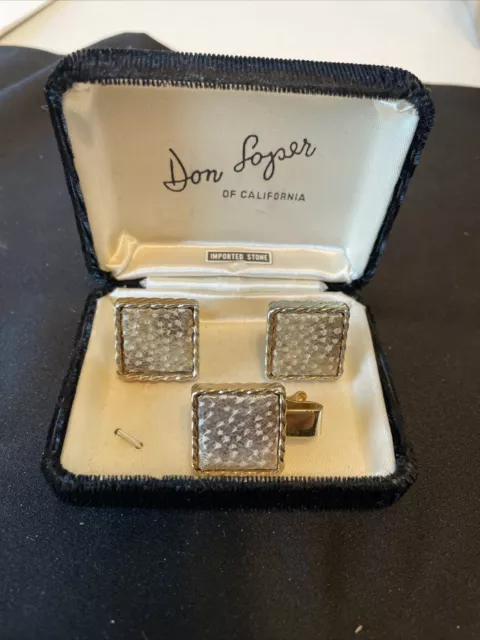 1950'S Vintage Taupe Stone Cuff links By DON LOPER Cufflinks w/ Tie Bar