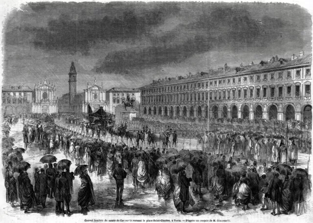 Torino: funerali del conte di Cavour. Grande veduta. Stampa antica del 1861