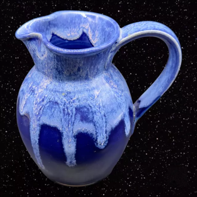 Vintage Drip Glaze Art Pottery Pitcher Creamer Blue 2001 Signed 5”T 5”W