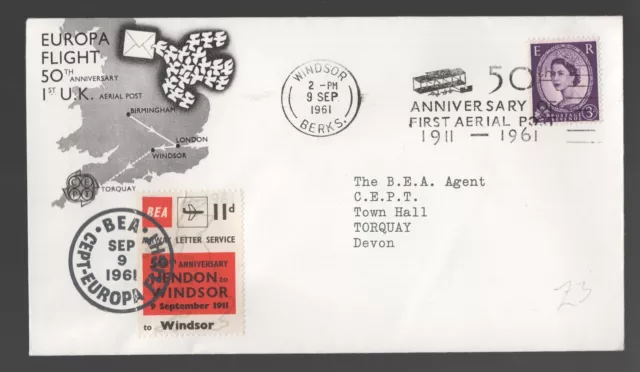 1961 BEA Europa First flight cover. Hendon to Windsor 11d label