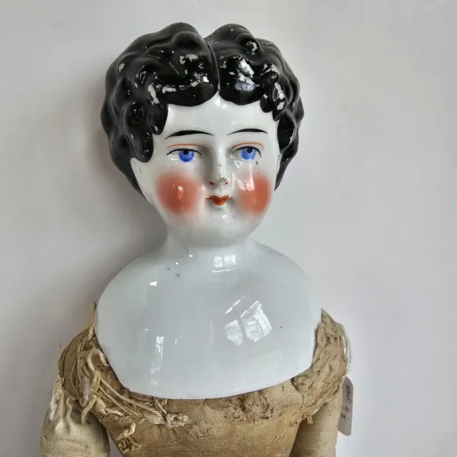 Antique China Doll German Porcelain 18" Black Hair, Cloth Stuffed Body TLC